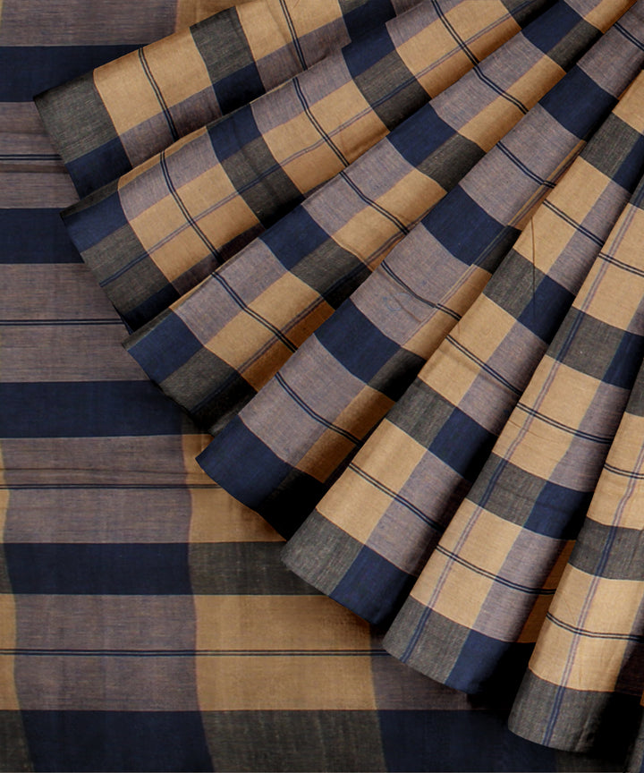 Beige black checked cotton handloom baragaon saree