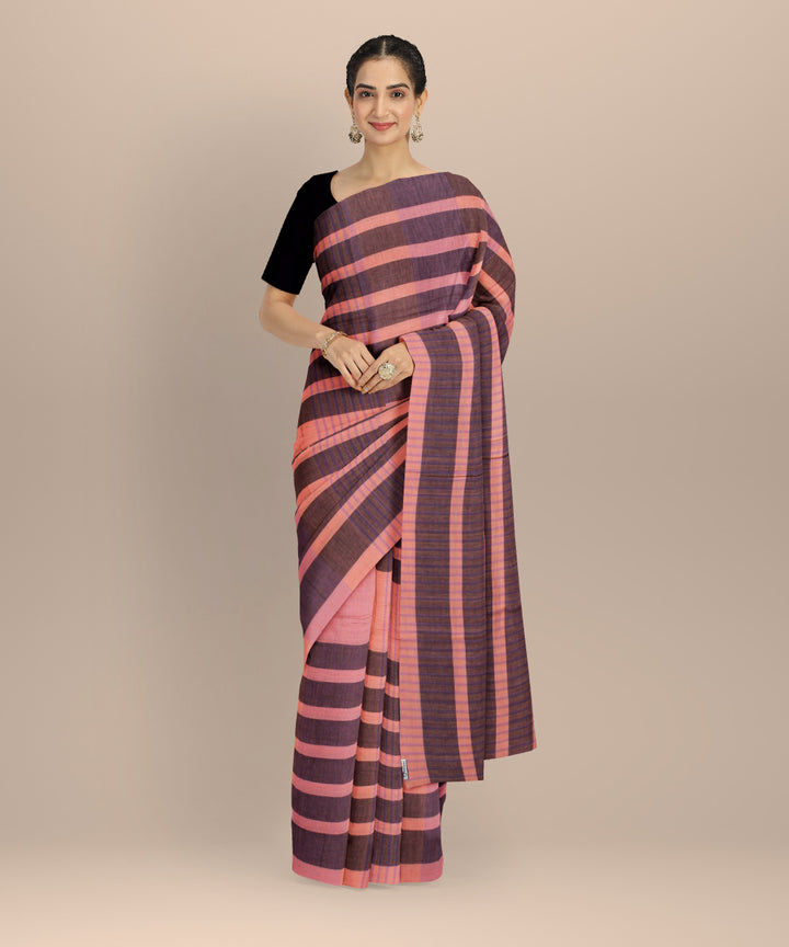 Peach chocolate cotton handloom baragaon saree