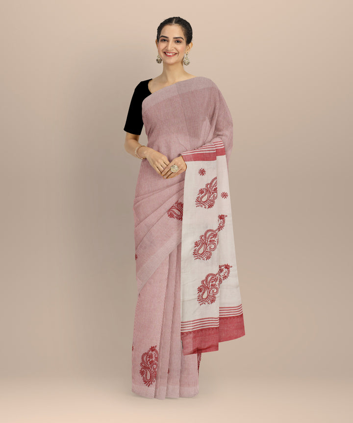Pink cream cotton handwoven chikankari saree