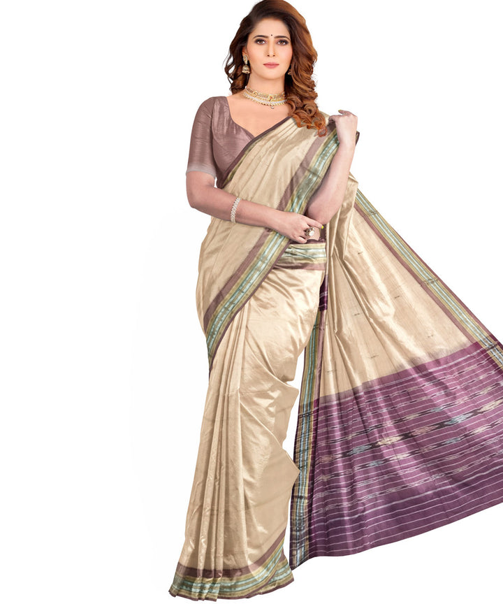 Cream purple cotton handloom nuapatna saree