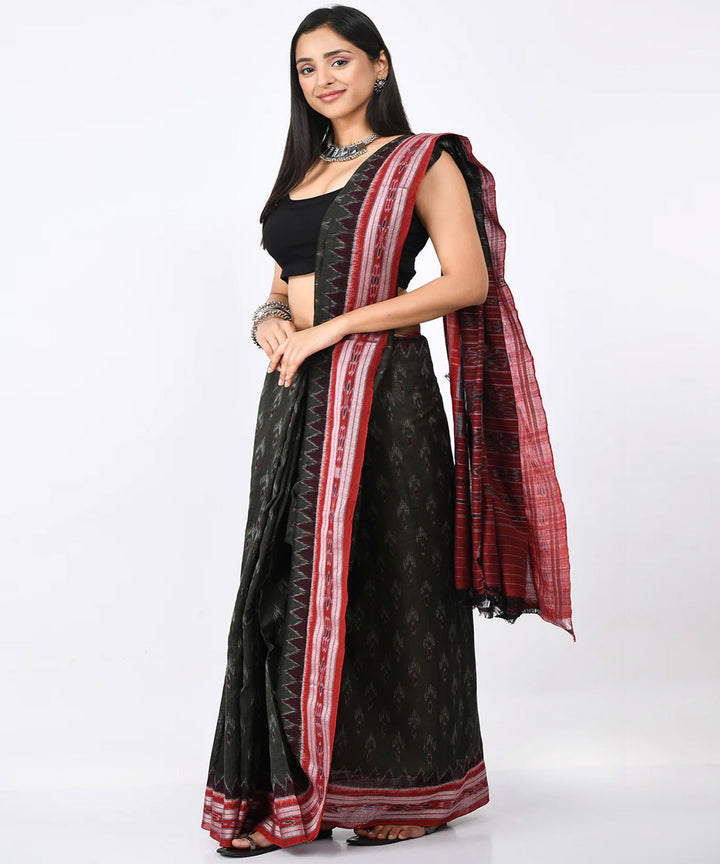 Moss green maroon cotton handloom nuapatna saree