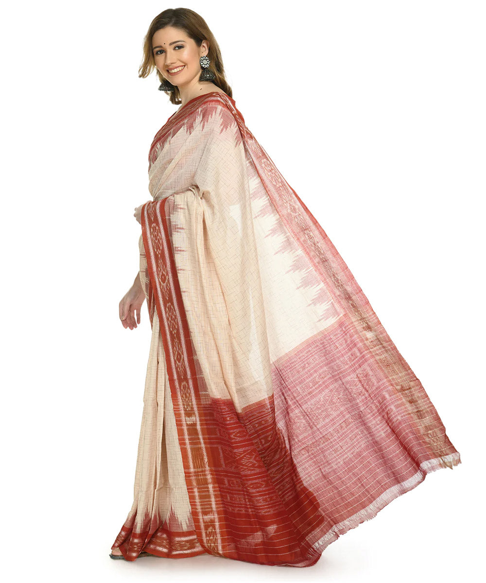 Cream chocolate brown cotton handloom nuapatna saree