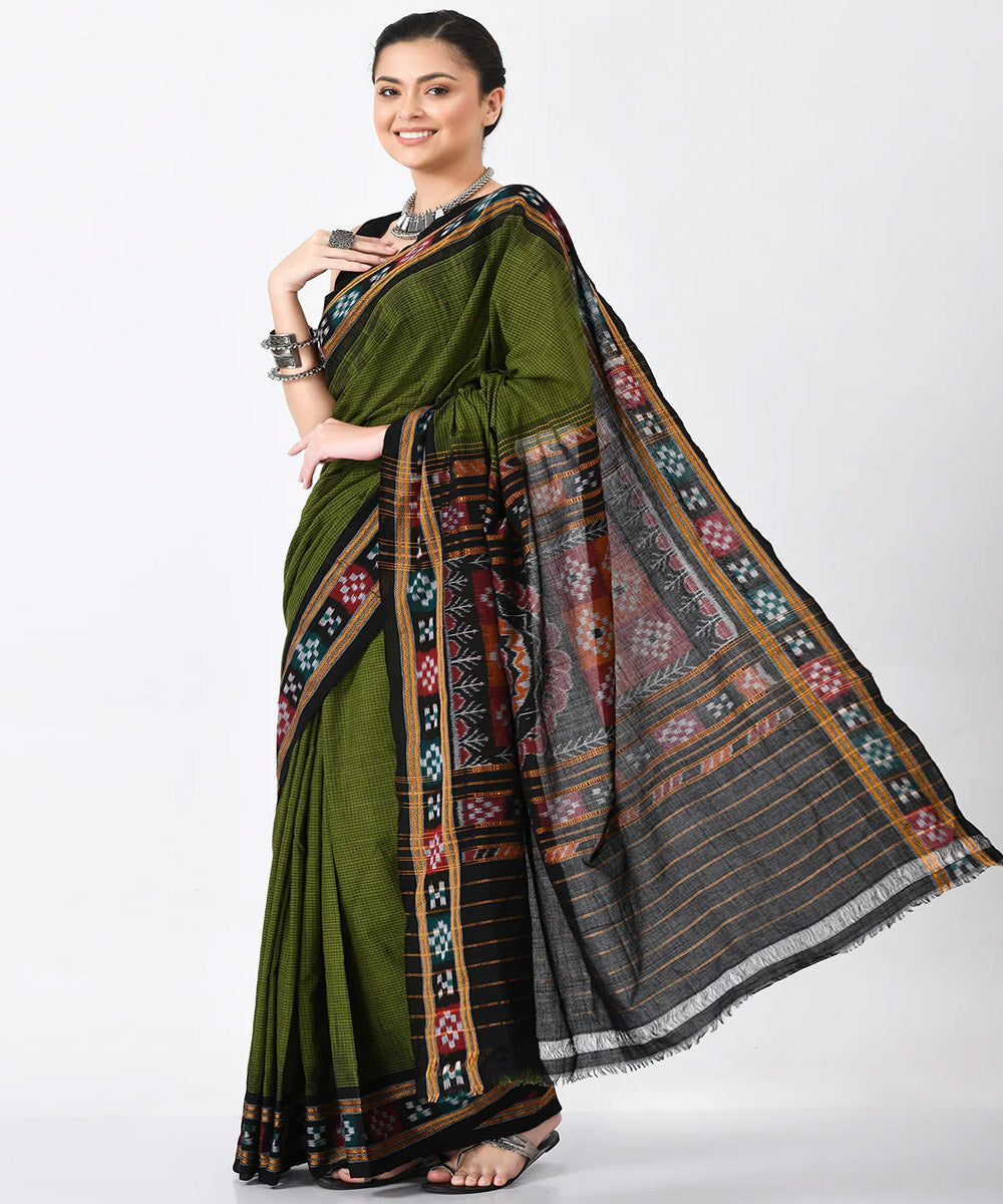 Olive green black cotton handloom nuapatna saree