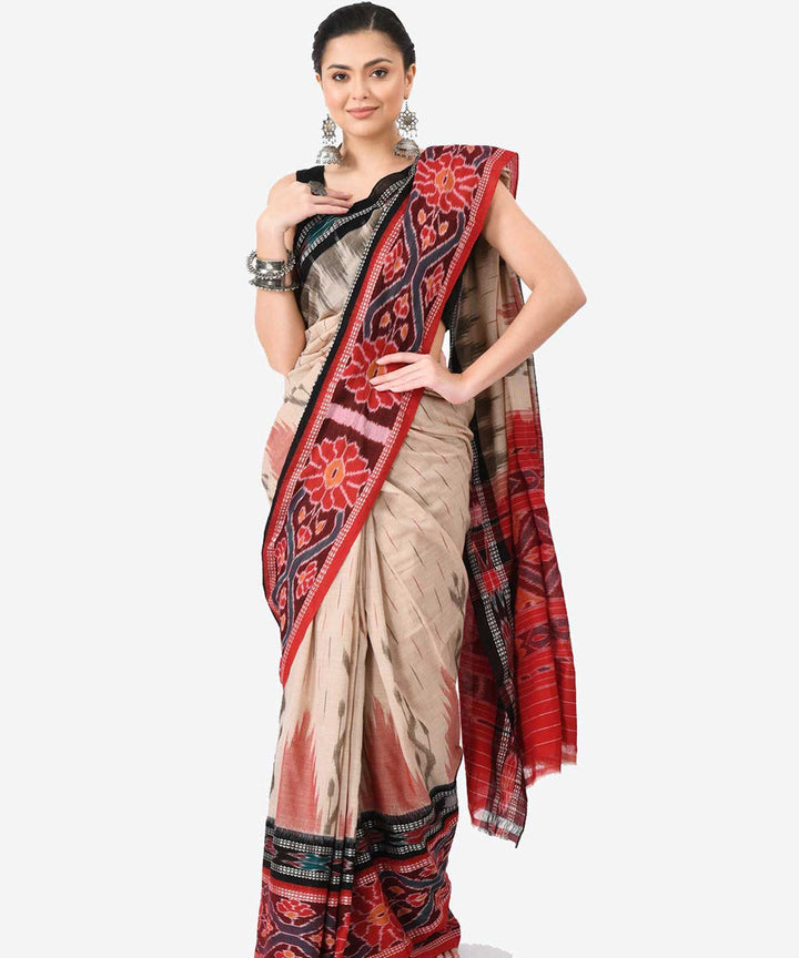 Cream red handloom cotton nuapatna saree