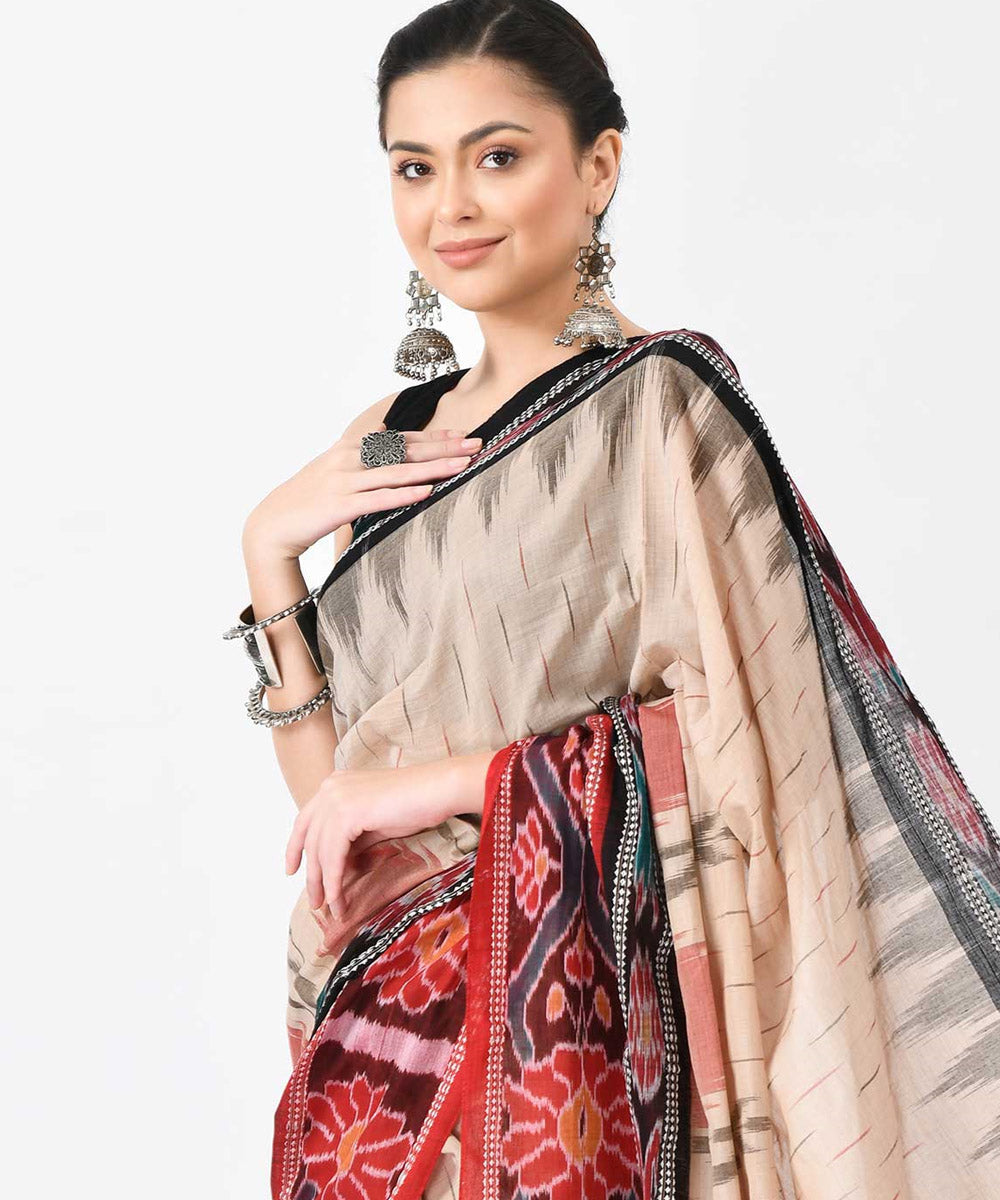 Cream red handloom cotton nuapatna saree