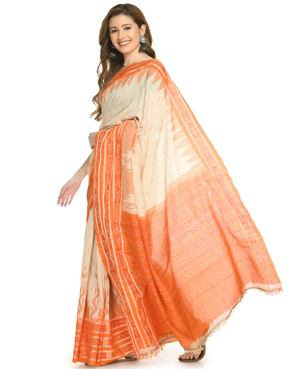 Cream orange cotton handloom nuapatna saree