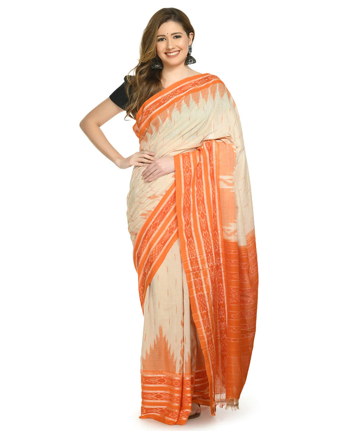 Cream orange cotton handloom nuapatna saree