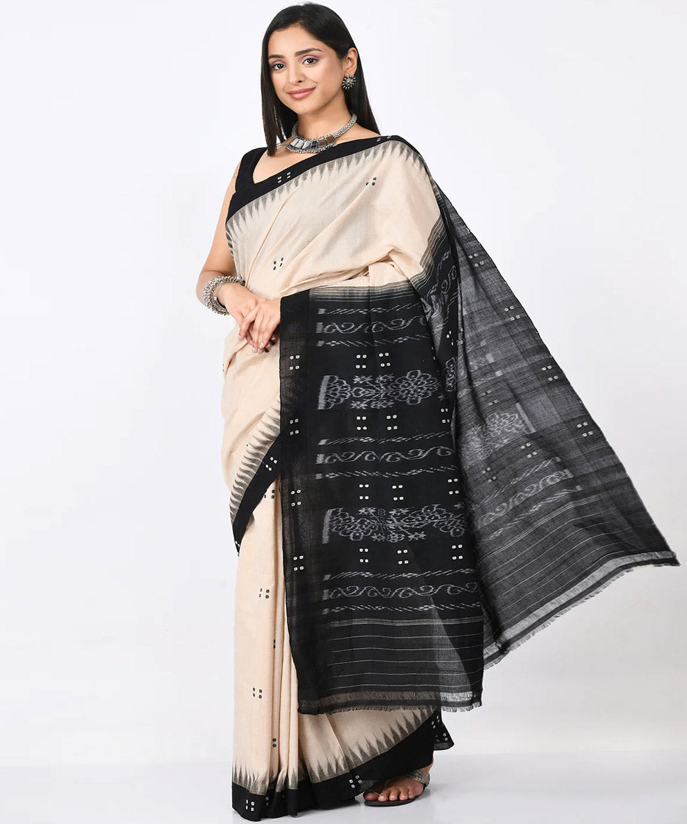 Cream black buti cotton handloom nuapatna saree