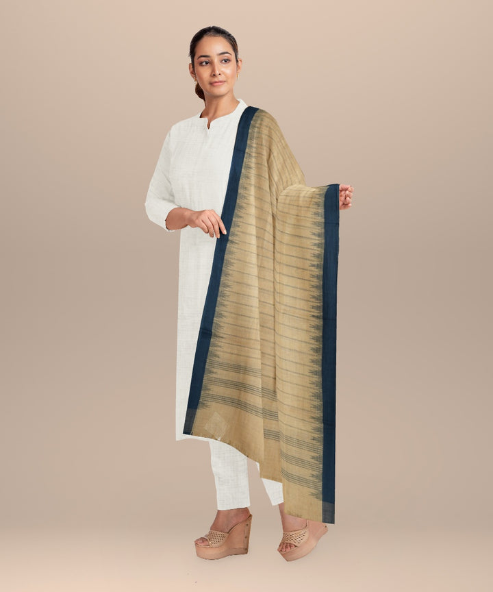 Cream striped blue handloom cotton natural dyed dupatta