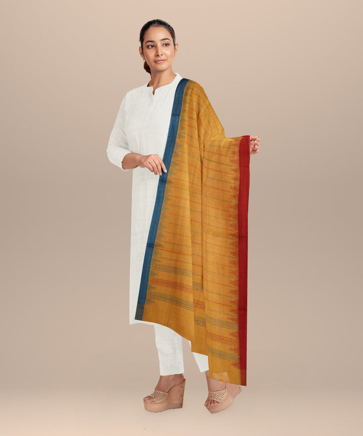 Yellow striped blue rust handloom cotton natural dyed dupatta