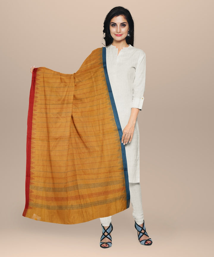 Yellow striped blue rust handloom cotton natural dyed dupatta