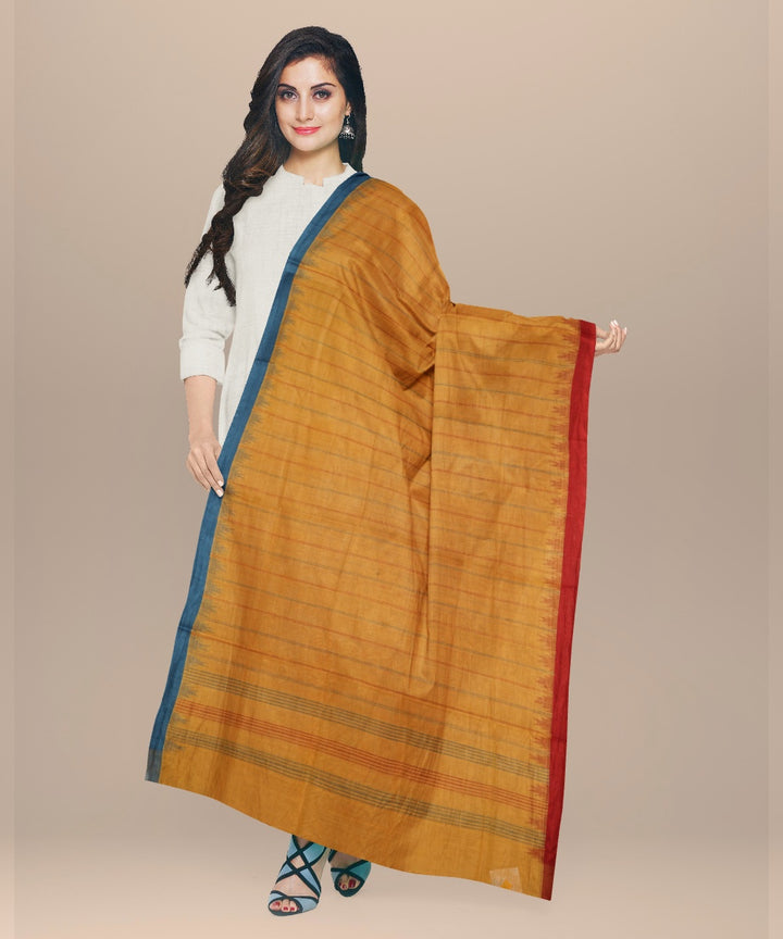 Yellow striped blue rust handloom cotton natural dyed dupatta