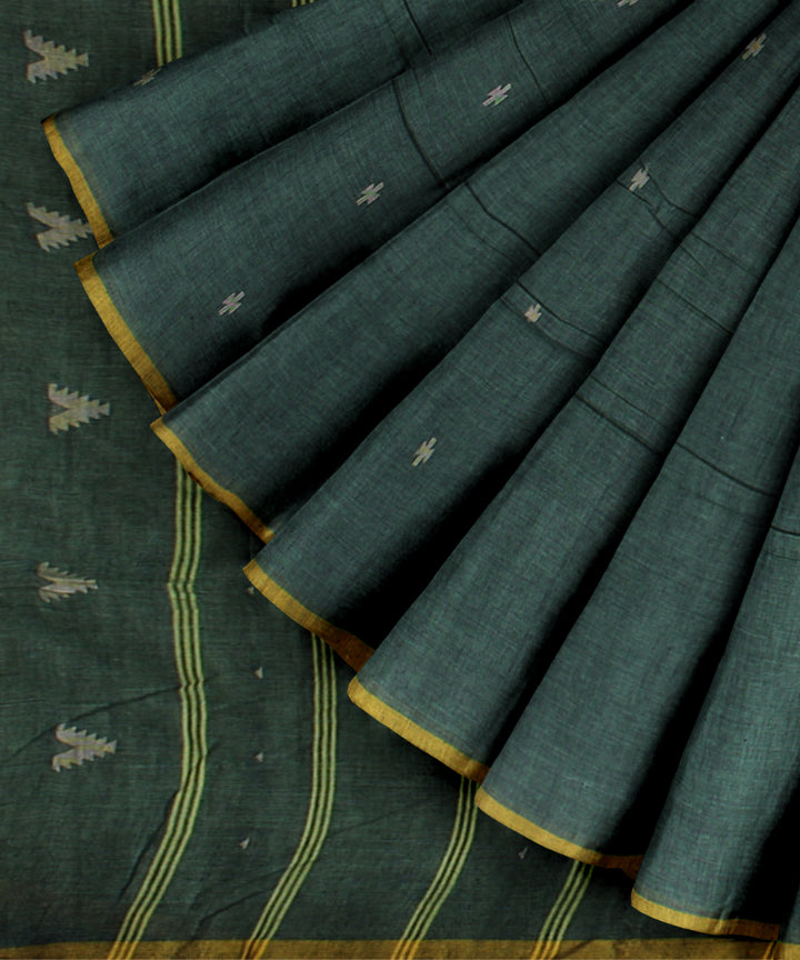 Dark green yellow handloom cotton bengal saree