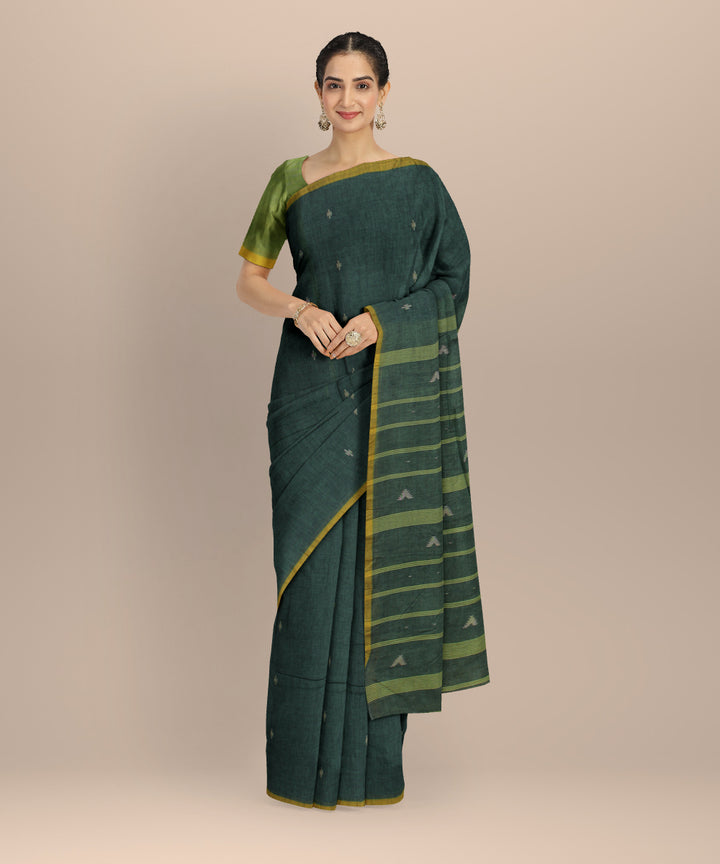 Dark green yellow handloom cotton bengal saree