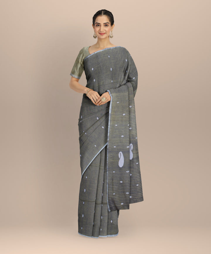 Grey offwhite handloom cotton bengal saree