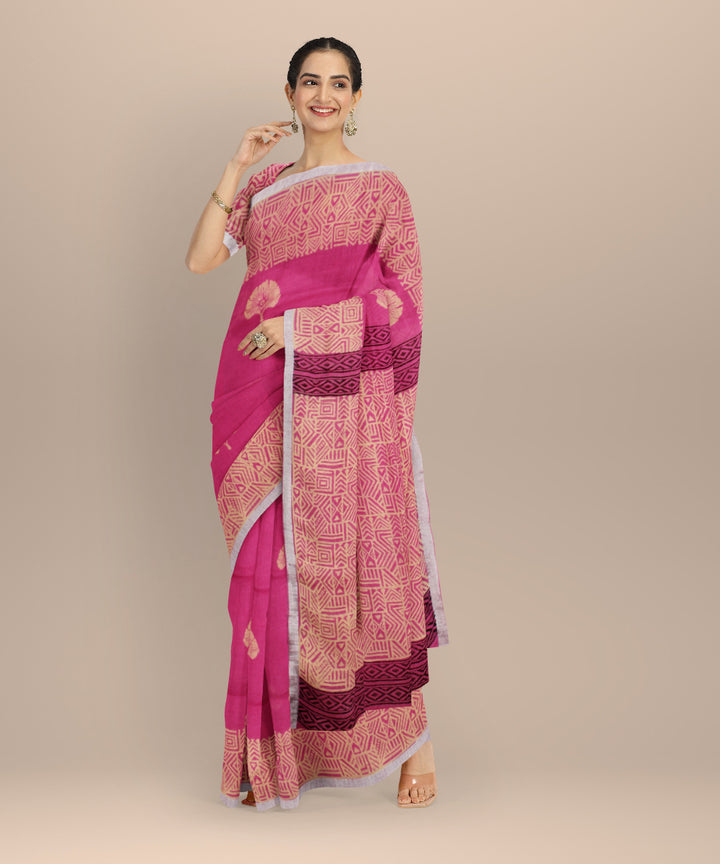 Pink cream linen hand printed  saree