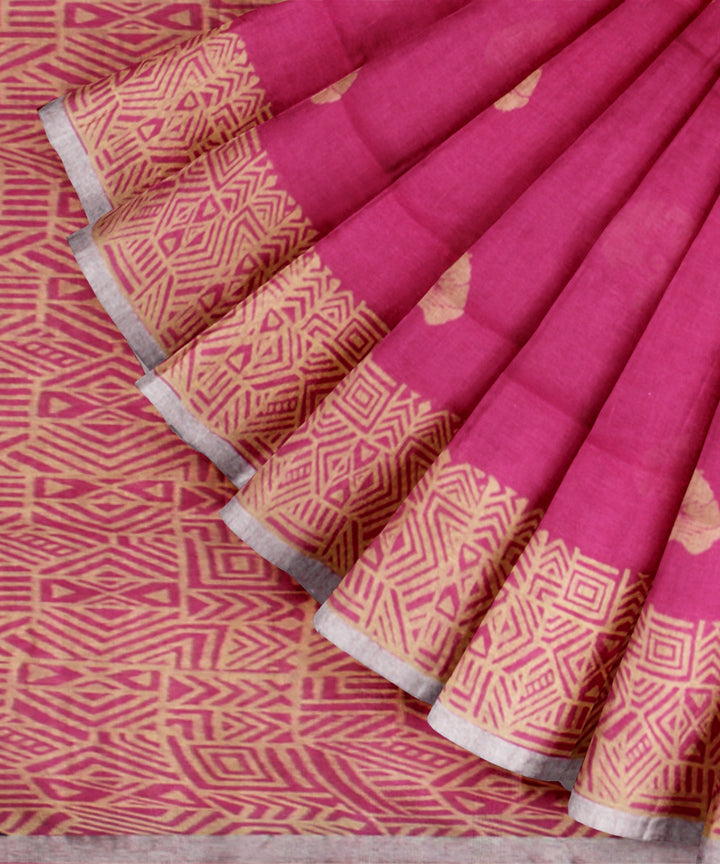 Pink cream linen hand printed  saree