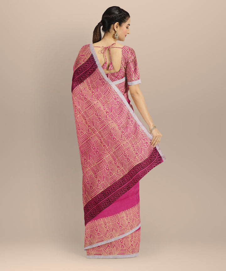 Pink cream linen hand printed  saree