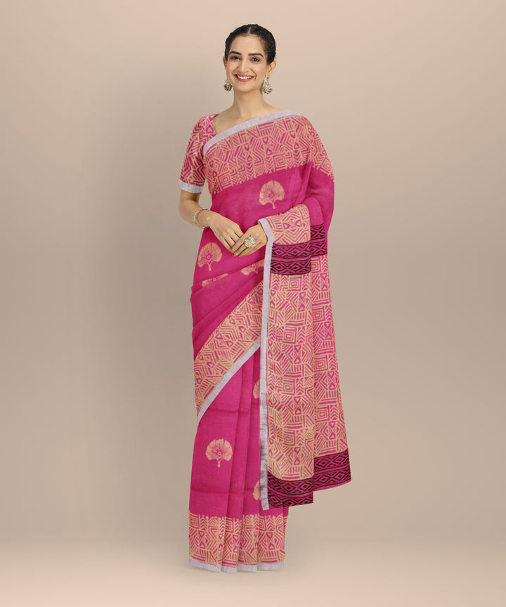 Pink cream linen hand printed  saree
