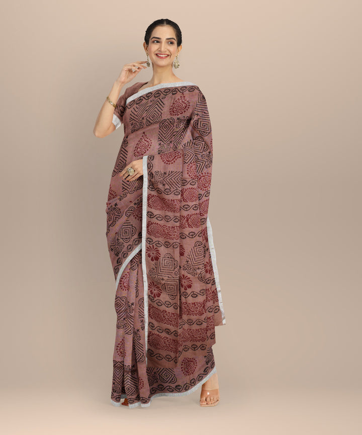 Brown multicolor hand printed  linen saree