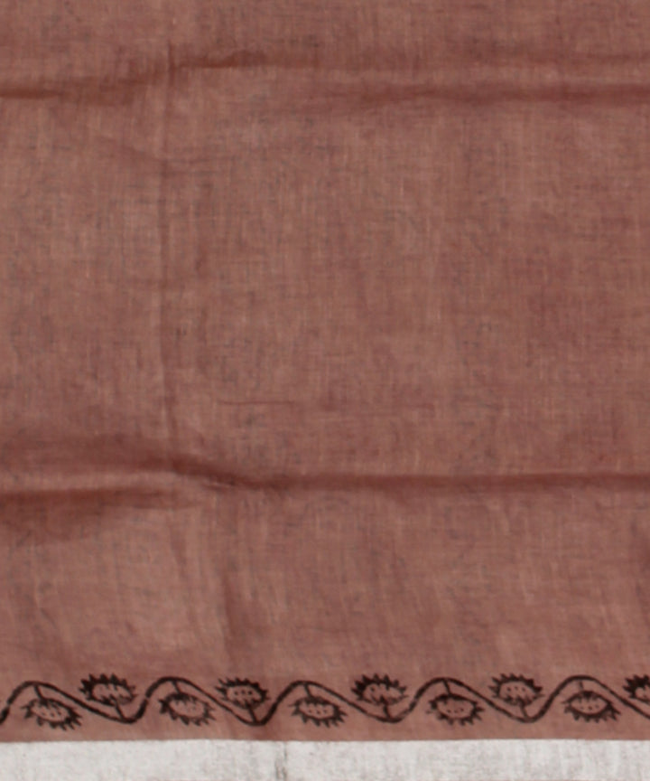 Brown multicolor hand printed  linen saree