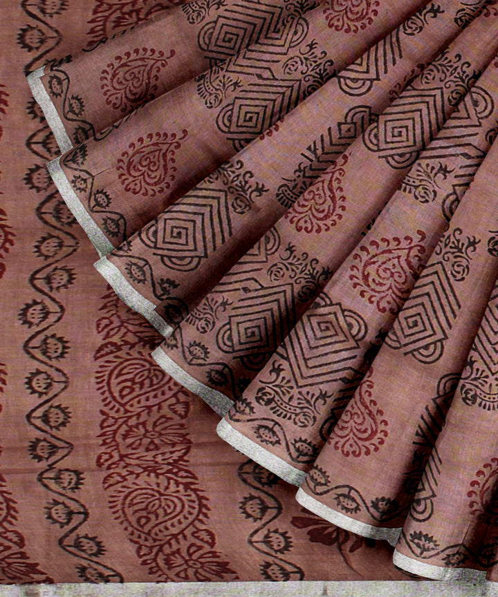 Brown multicolor hand printed  linen saree