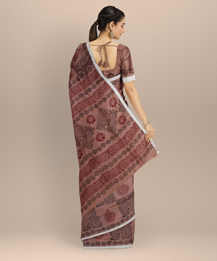 Brown multicolor hand printed  linen saree
