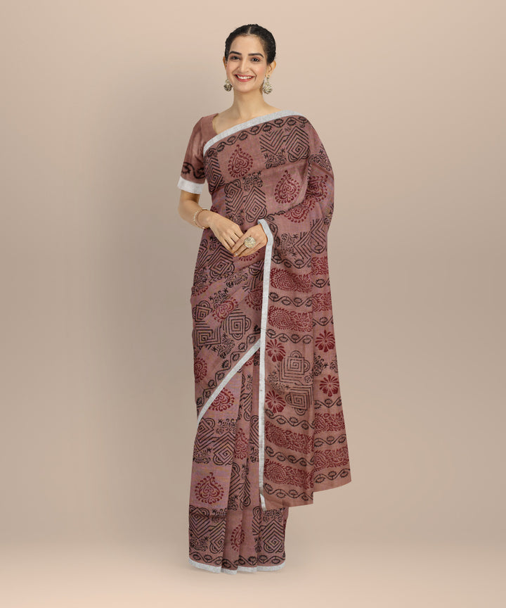 Brown multicolor hand printed  linen saree