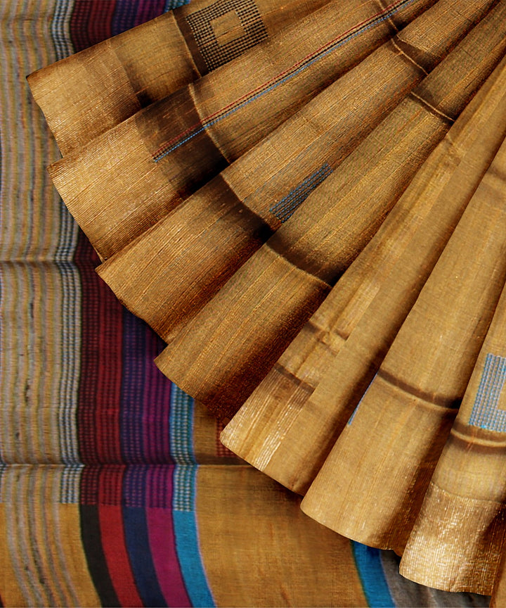 Brown multicolor raw silk handloom bhagalpur saree