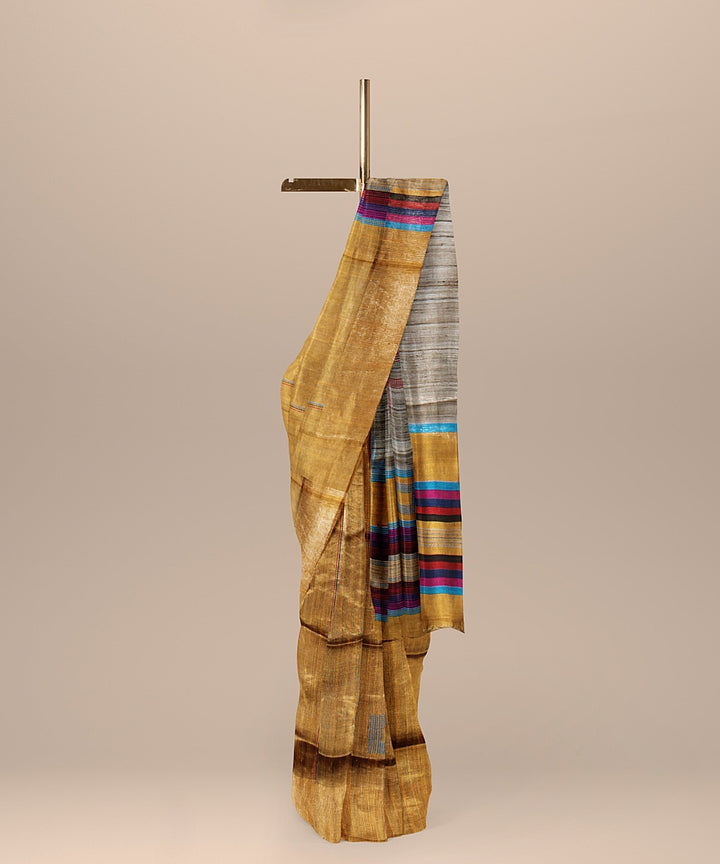 Brown multicolor raw silk handloom bhagalpur saree