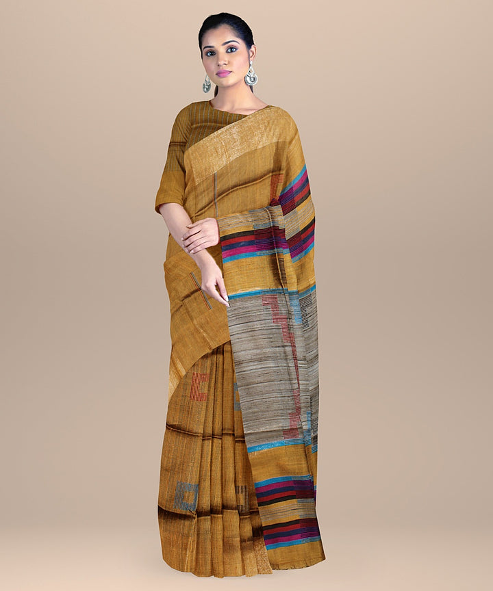 Brown multicolor raw silk handloom bhagalpur saree