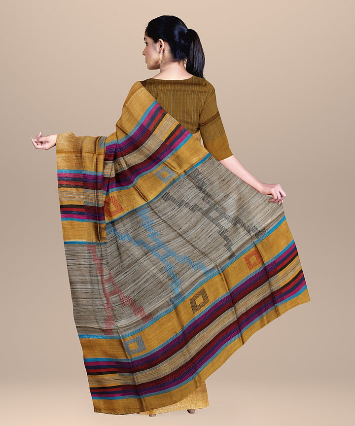 Brown multicolor raw silk handloom bhagalpur saree