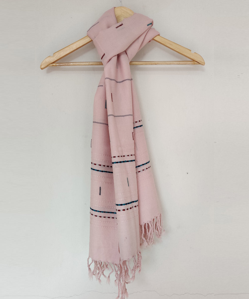 Pink merino wool kinnauri handwoven stole