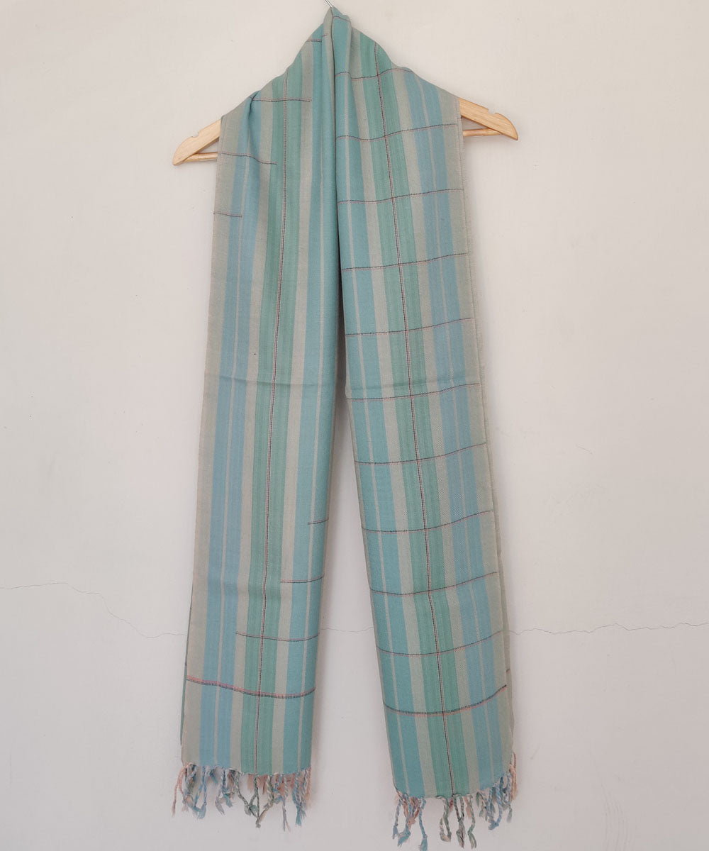 Cream sky blue green handwoven merino wool kinnauri stole
