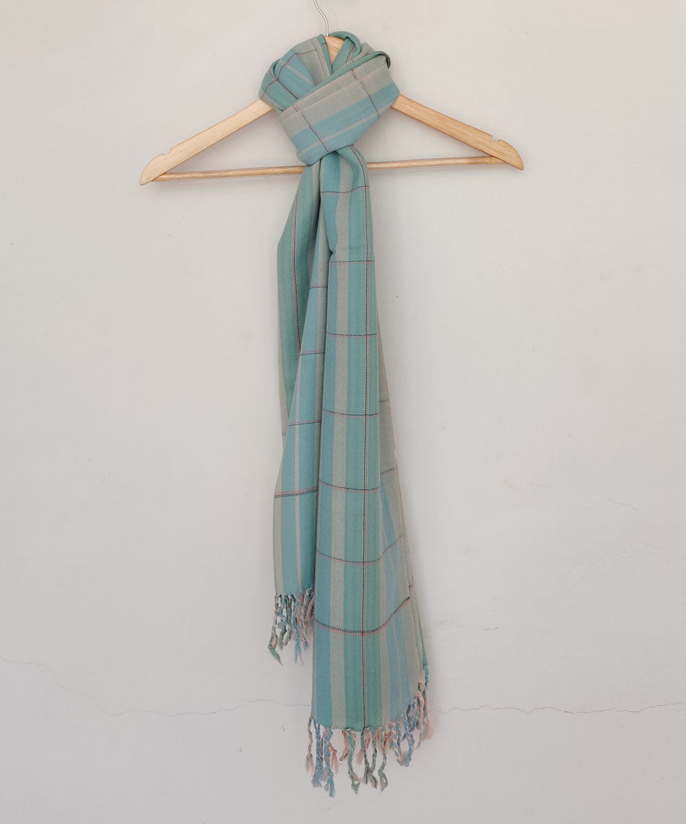 Cream sky blue green handwoven merino wool kinnauri stole