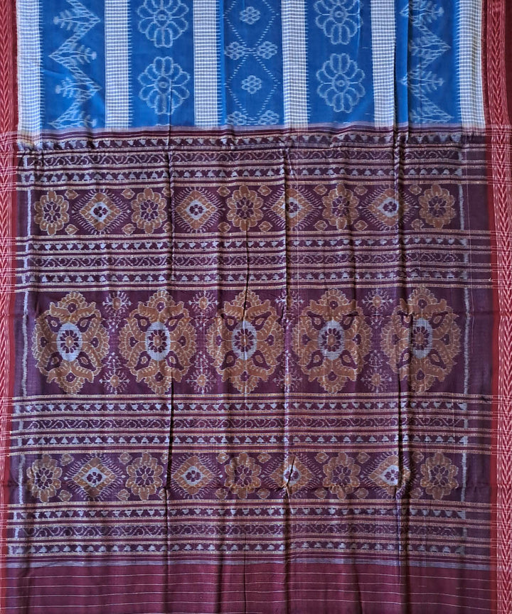 Sky blue maroon cotton handloom nuapatna saree