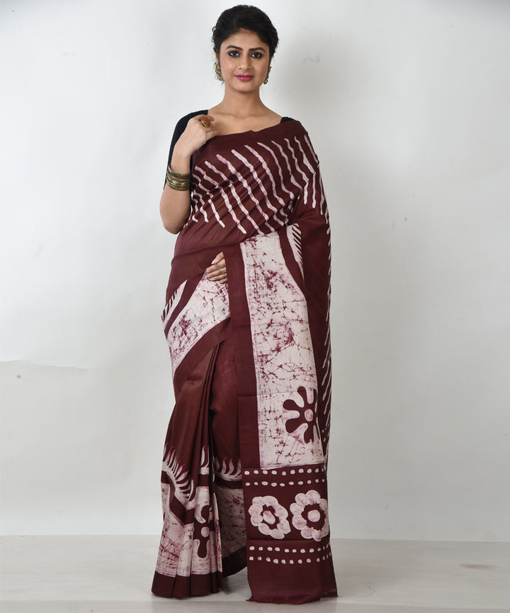 Brown offwhite silk hand printed batik print saree