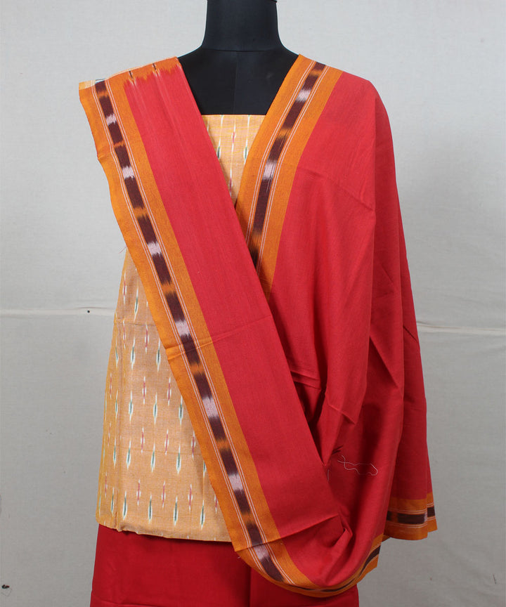 Mustard red handwoven cotton pochampally ikat dress material
