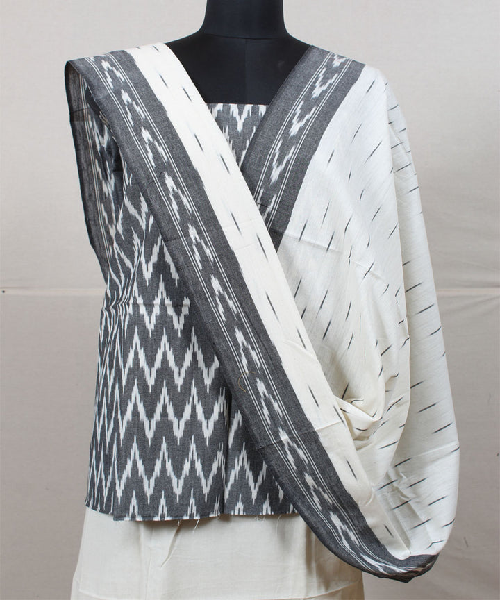 Grey white handwoven cotton pochampally ikat dress material