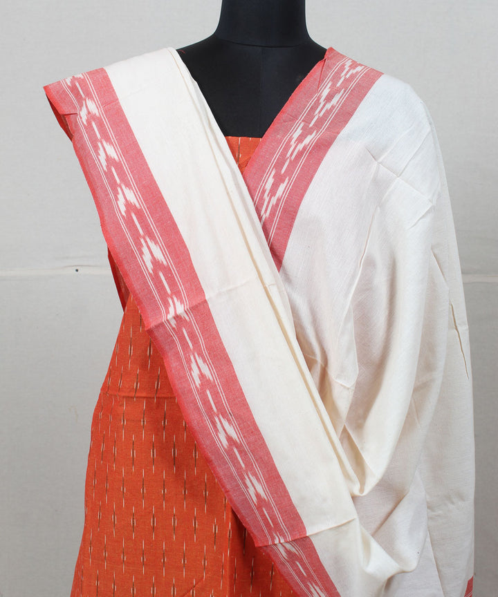 Orange white handwoven cotton pochampally ikat dress material
