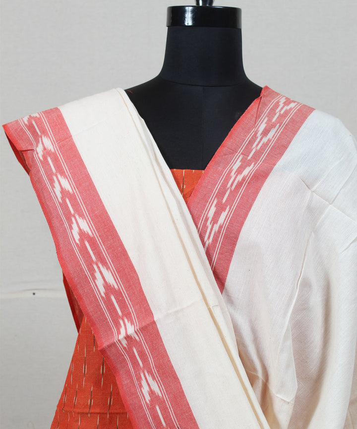 Orange white handwoven cotton pochampally ikat dress material