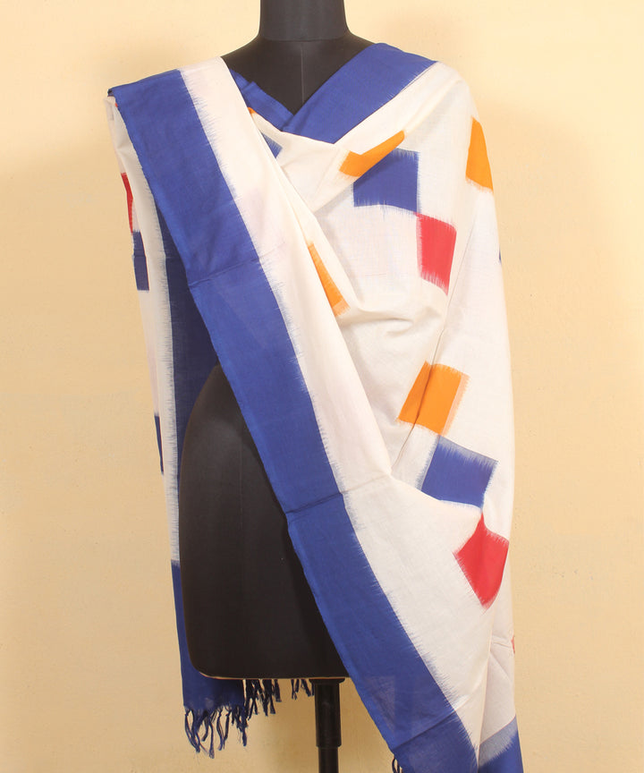 White navy blue cotton pochampally ikat handwoven dupatta