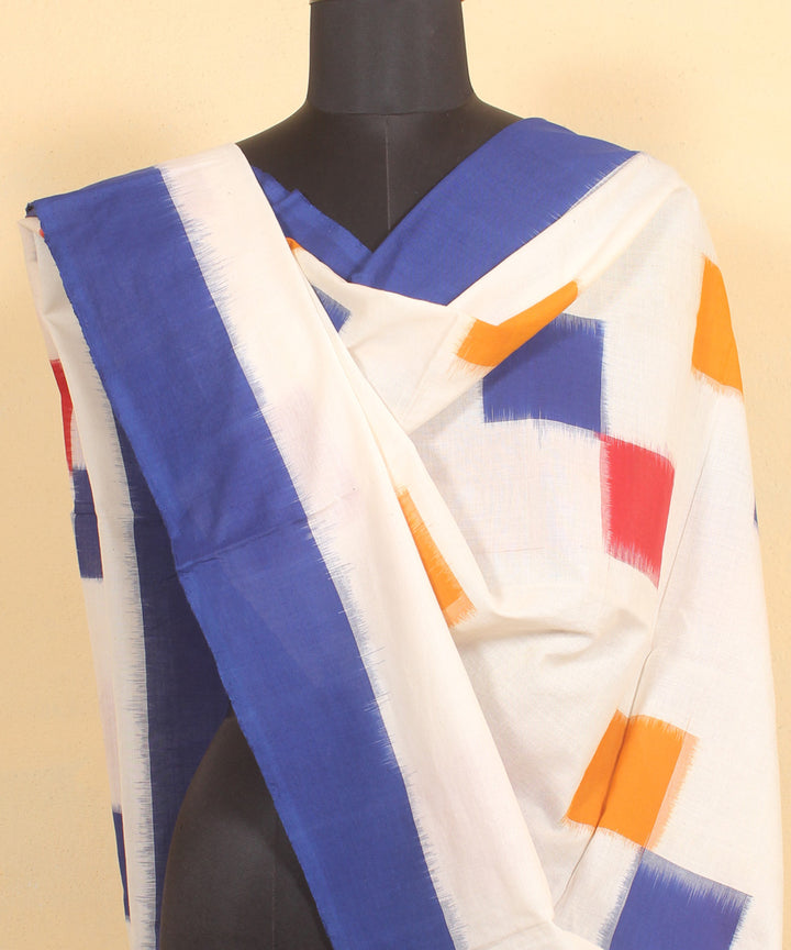 White navy blue cotton pochampally ikat handwoven dupatta