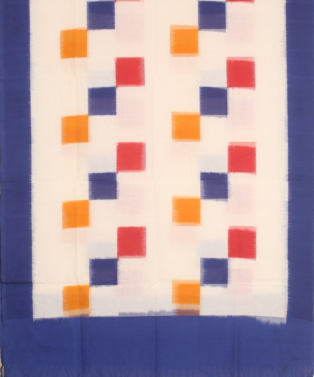 White navy blue cotton pochampally ikat handwoven dupatta