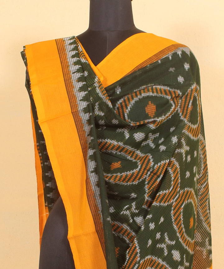 Dark green yellow handwoven cotton pochampally ikat dupatta