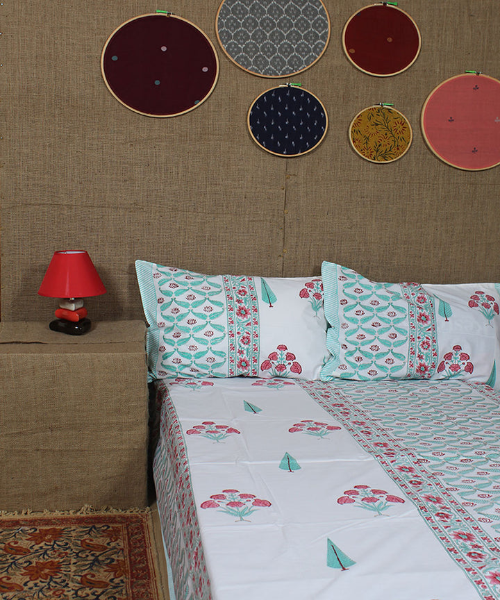 White cyan blue red hand printed sanganeri cotton double bedsheet
