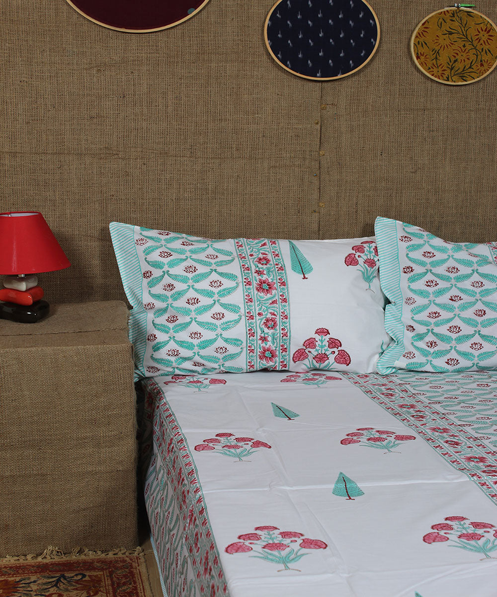 White cyan blue red hand printed sanganeri cotton double bedsheet