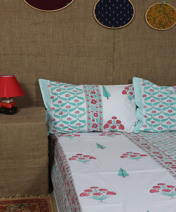 White cyan blue red hand printed sanganeri cotton double bedsheet