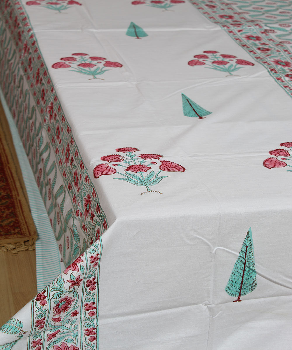 White cyan blue red hand printed sanganeri cotton double bedsheet