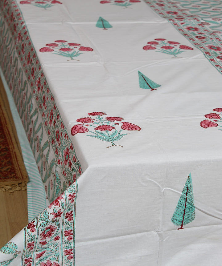 White cyan blue red hand printed sanganeri cotton double bedsheet